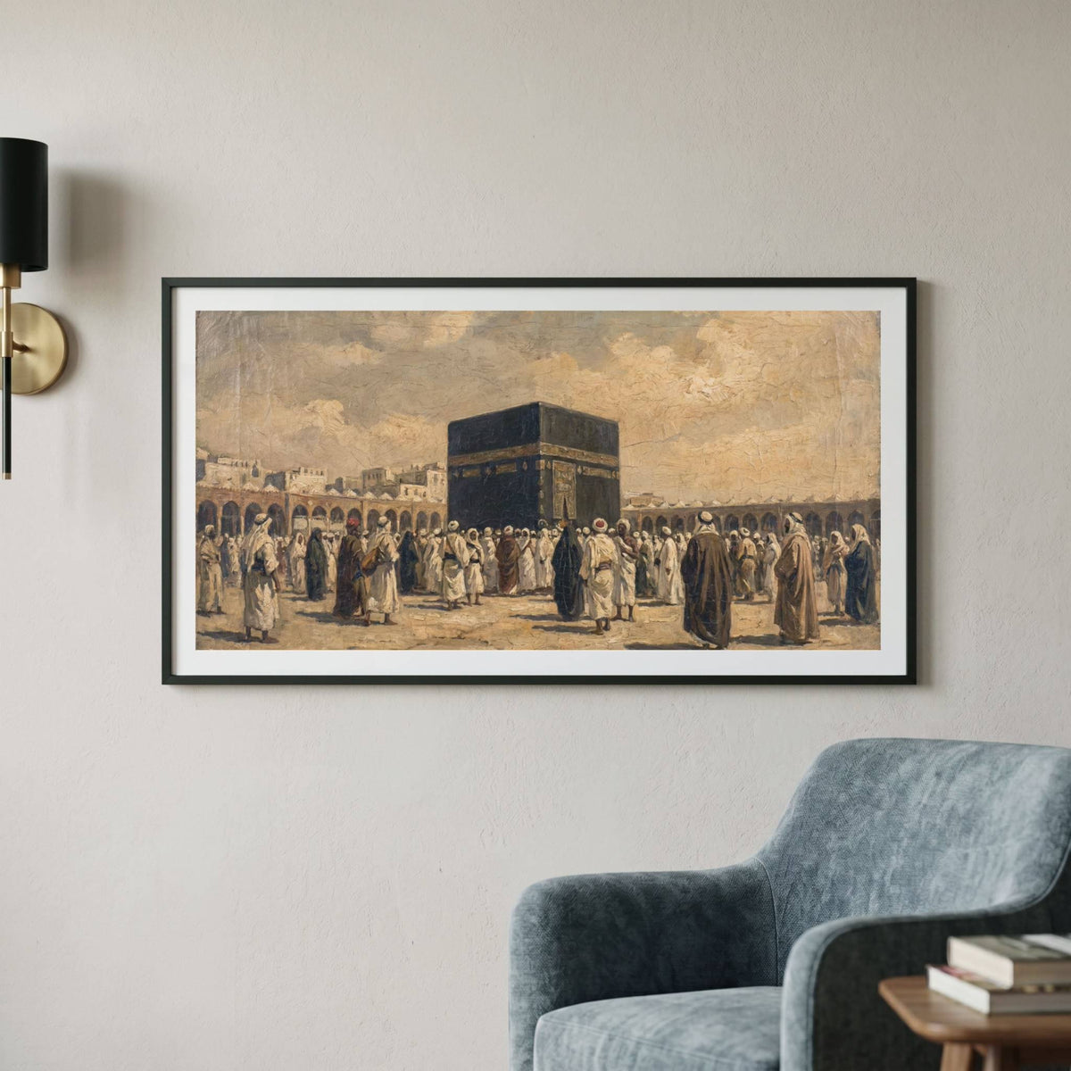 Vintage-style painting of pilgrims gathered in prayer around the Kaaba in Mecca — framed vintage painting.