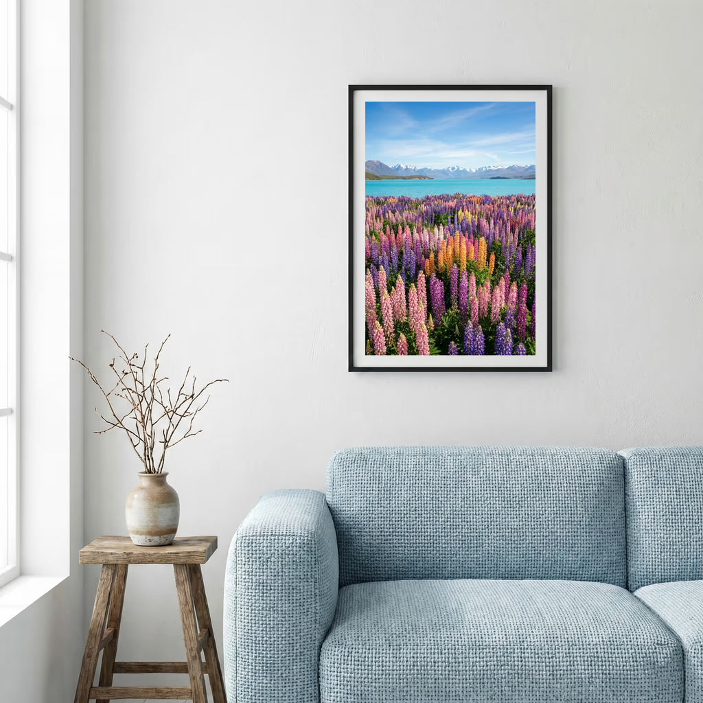 Lone bare tree on rippled desert dunes with distant snow-capped mountains — framed canvas wall art in a wooden frame, 16×24 in