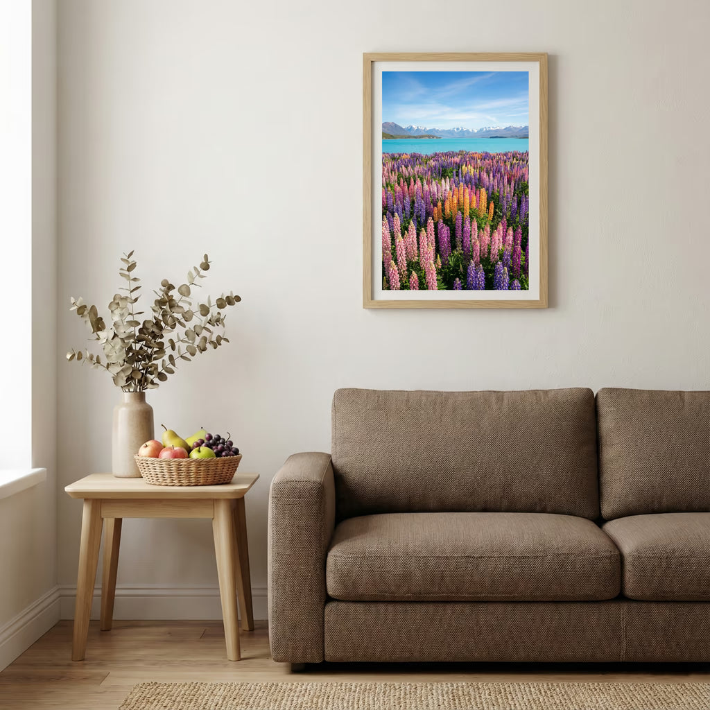 Lone bare tree on rippled desert dunes with distant snow-capped mountains — wooden-frame wall art print, 20×30 in