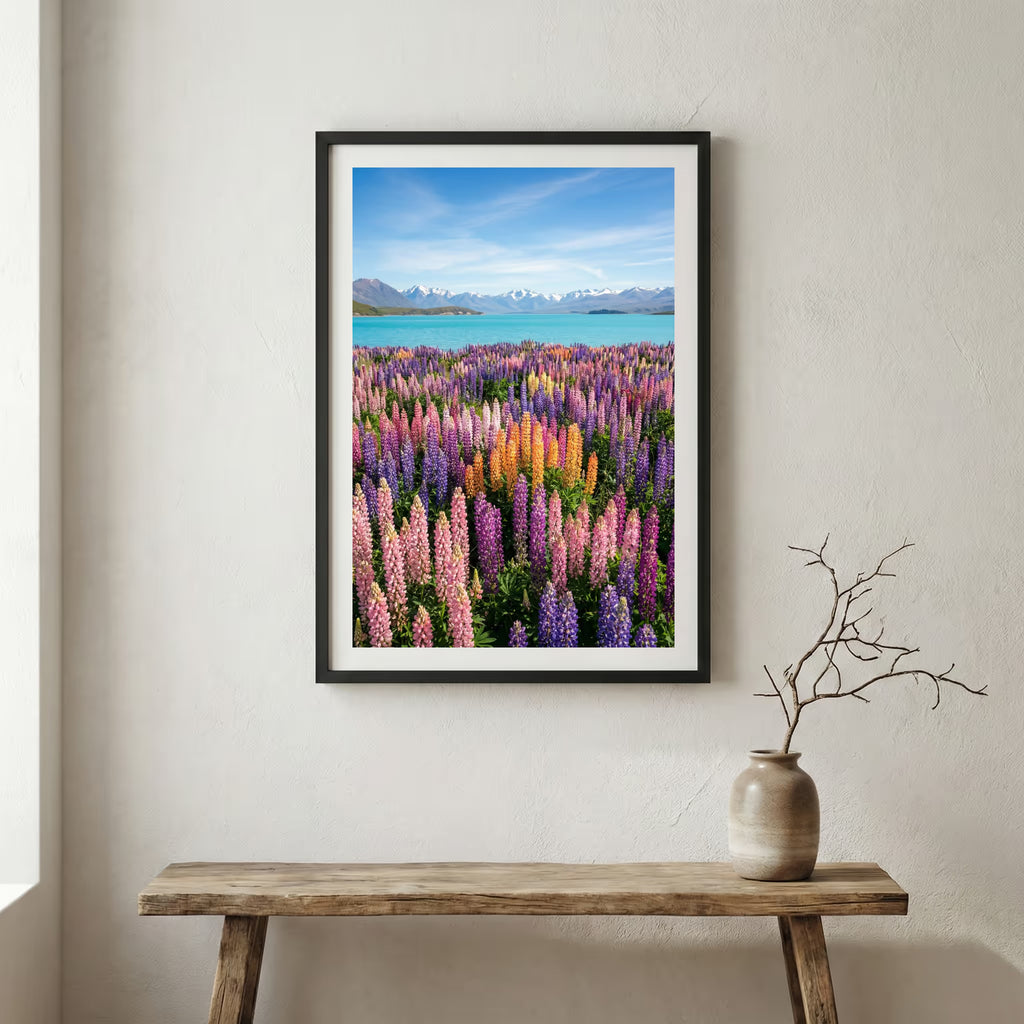 Lone bare tree on rippled desert dunes with distant snow-capped mountains — wooden frame canvas wall art print, 12×18 in
