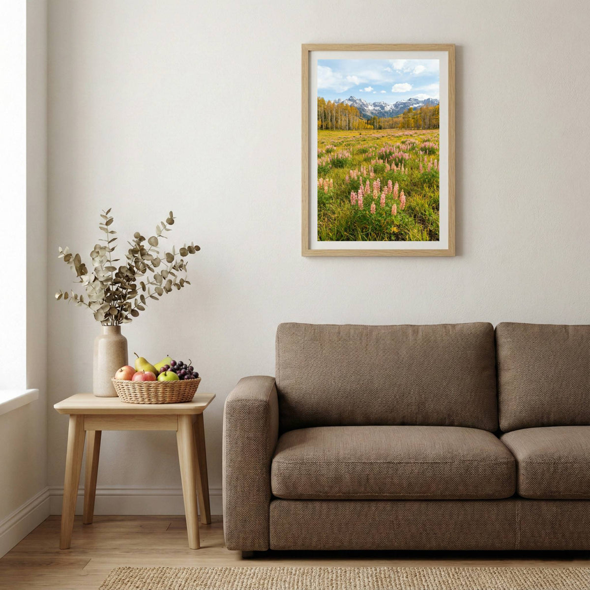 Pink lupine flowers across a green meadow with snow-capped peaks beyond — wooden-frame wall art print, 20×30 in