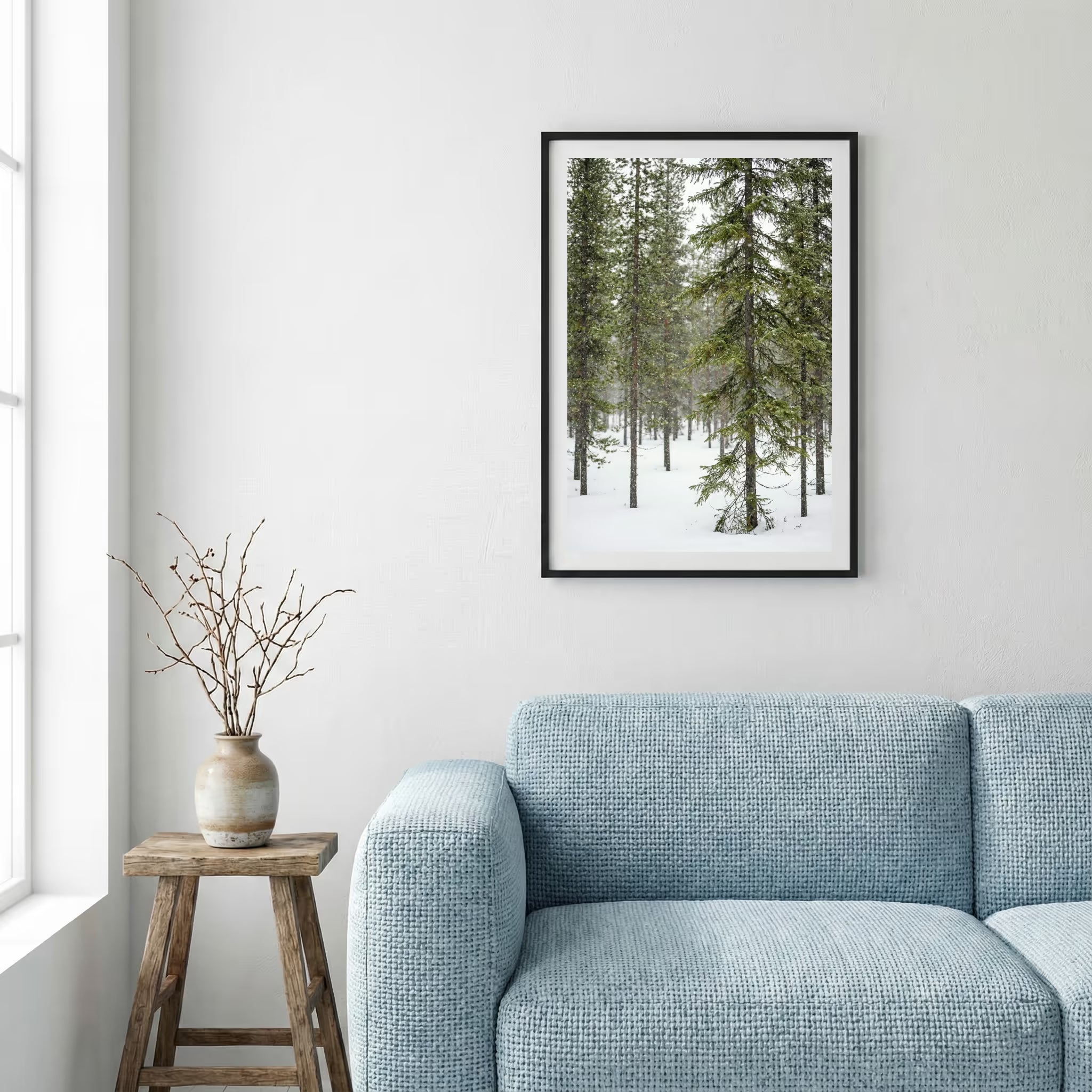 Turquoise lake mirroring snow-capped mountains and golden autumn trees — framed canvas wall art in a wooden frame, 16×24 in