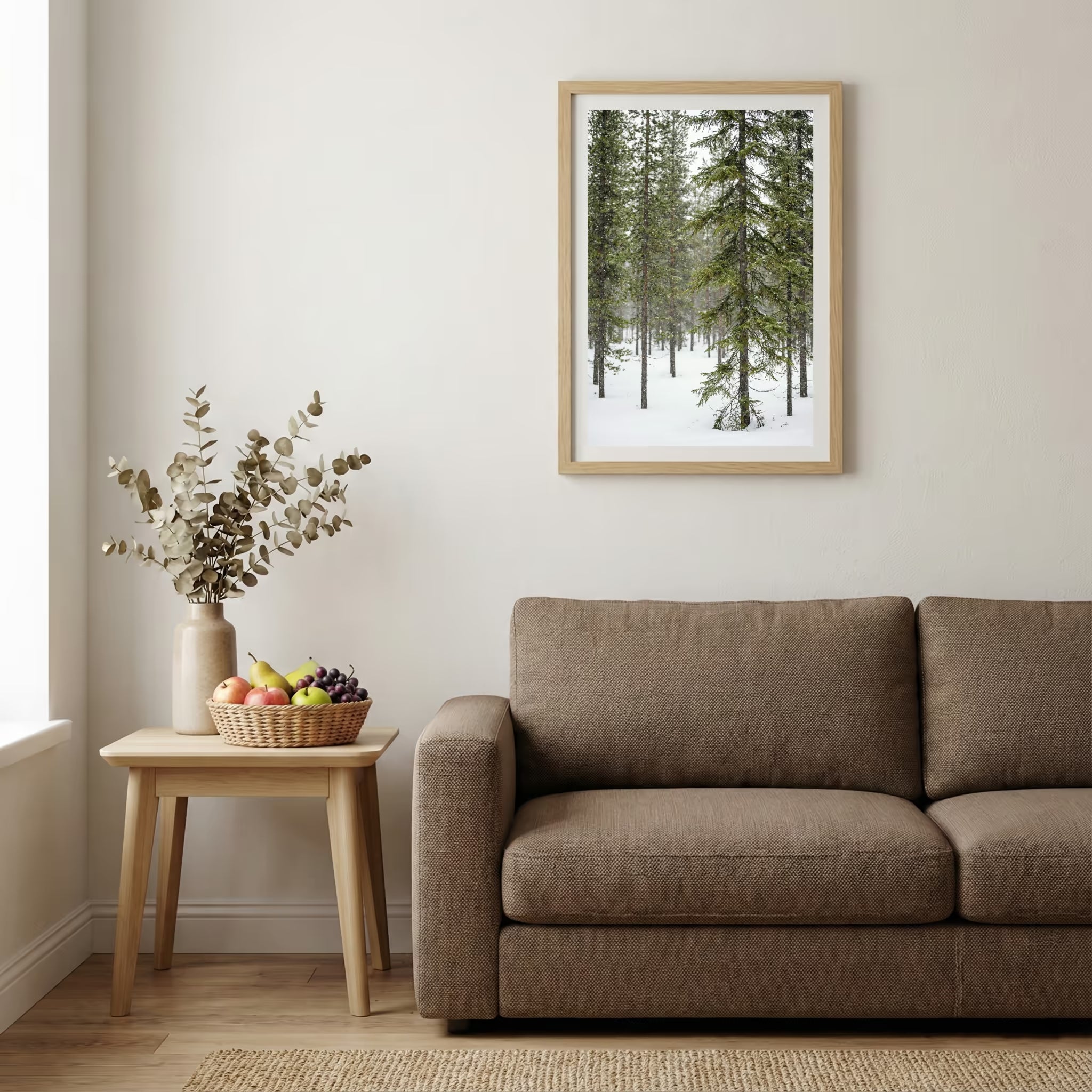 Turquoise lake mirroring snow-capped mountains and golden autumn trees — wooden-frame wall art print, 20×30 in