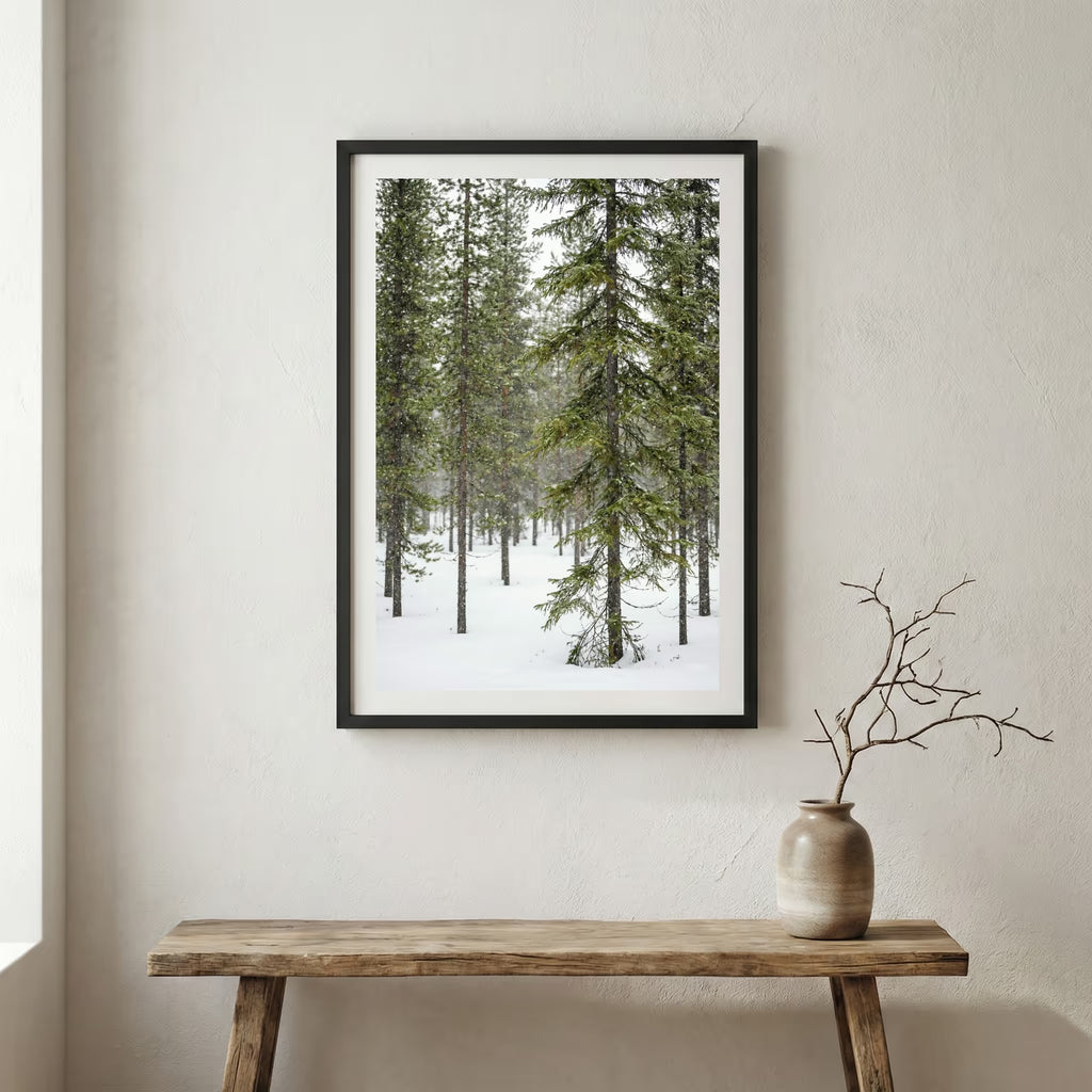 Turquoise lake mirroring snow-capped mountains and golden autumn trees — wooden frame canvas wall art print, 12×18 in