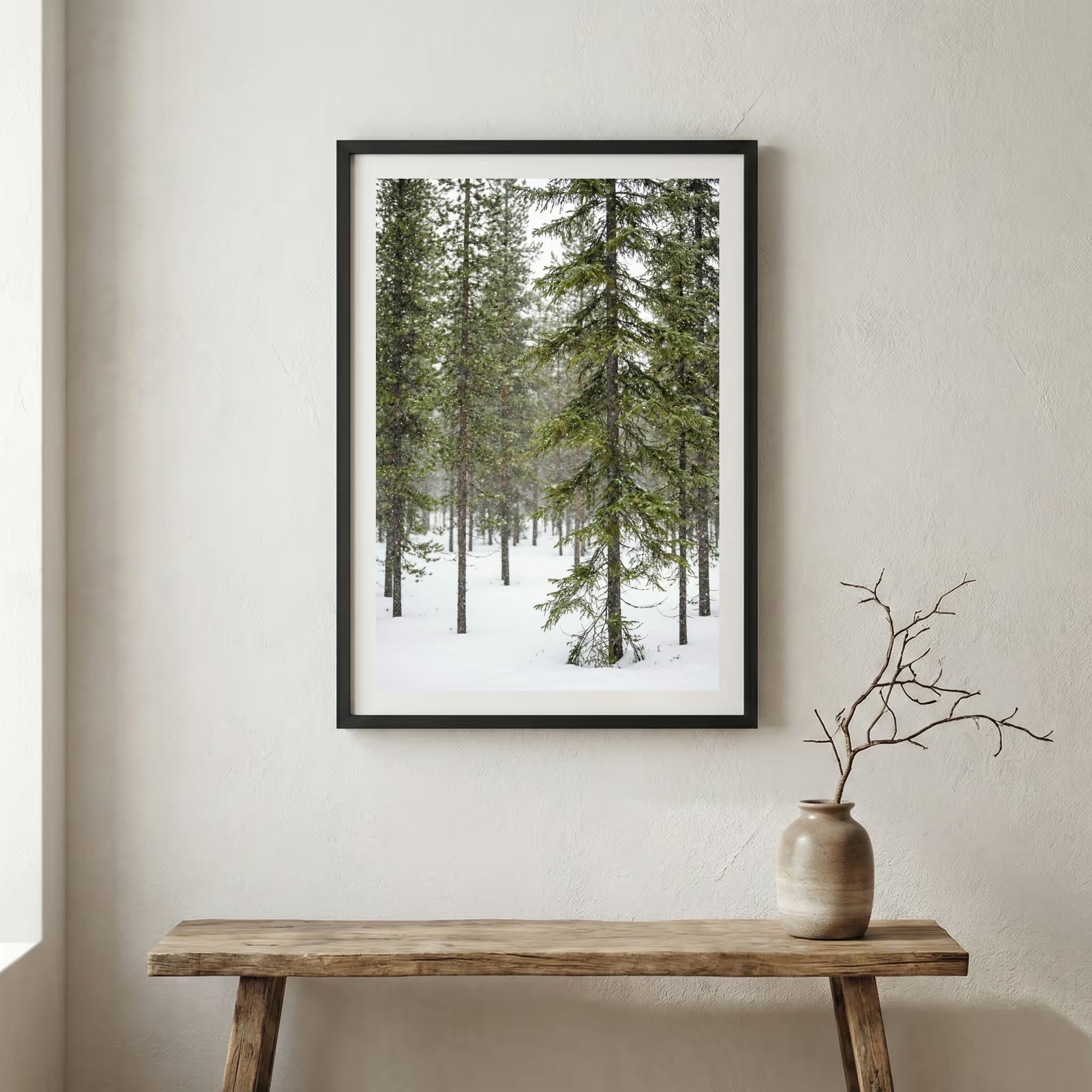 Turquoise lake mirroring snow-capped mountains and golden autumn trees — wooden frame canvas wall art print, 12×18 in