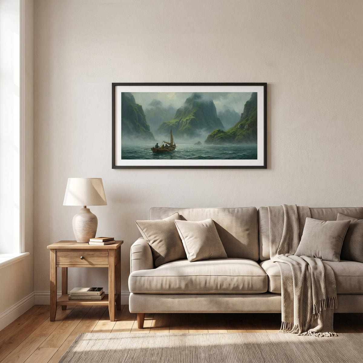 Vintage painting of a small boat drifting through a misty, cliff-lined fjord — framed vintage painting.
