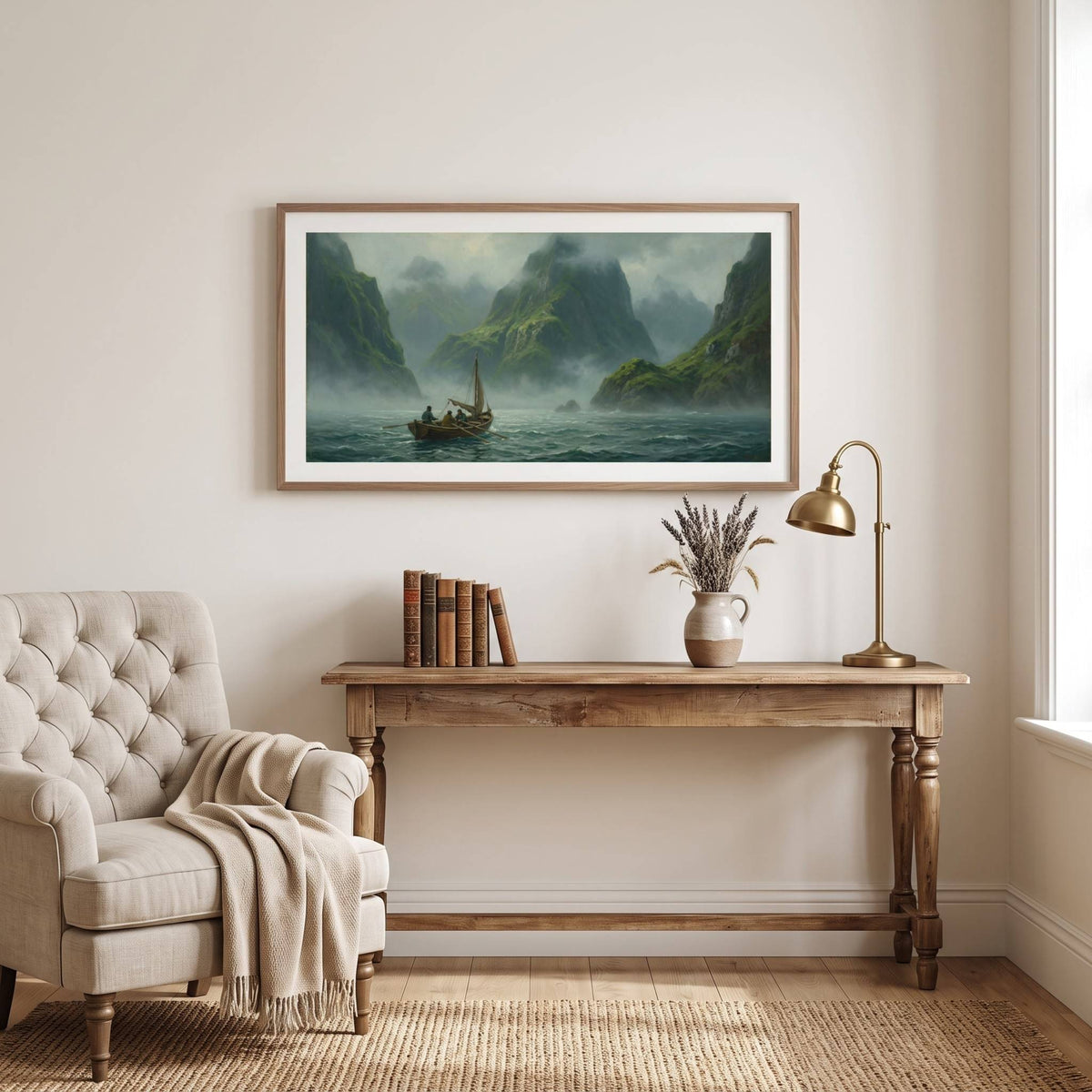 Vintage painting of a small boat drifting through a misty, cliff-lined fjord — framed vintage painting.