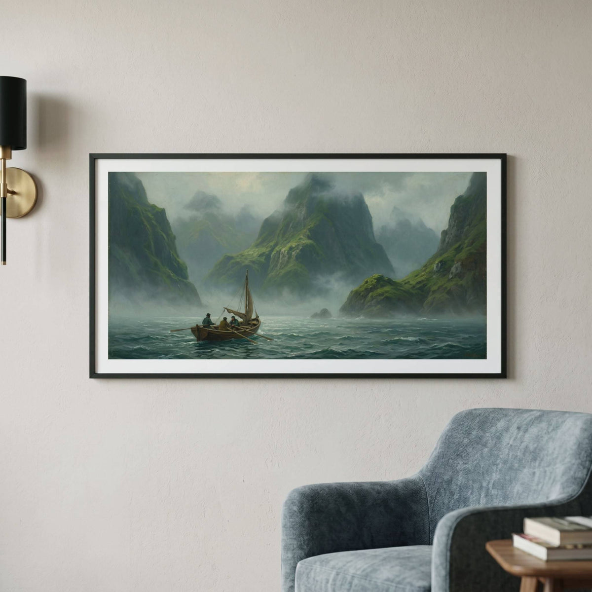 Vintage painting of a small boat drifting through a misty, cliff-lined fjord — framed vintage painting.