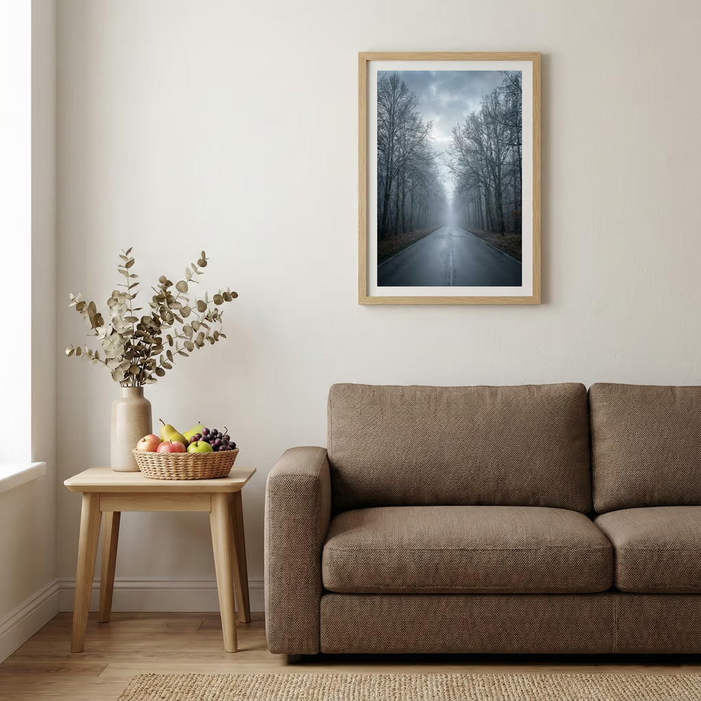 Foggy forest path winding through tall green trees — wooden-frame wall art print, 20×30 in