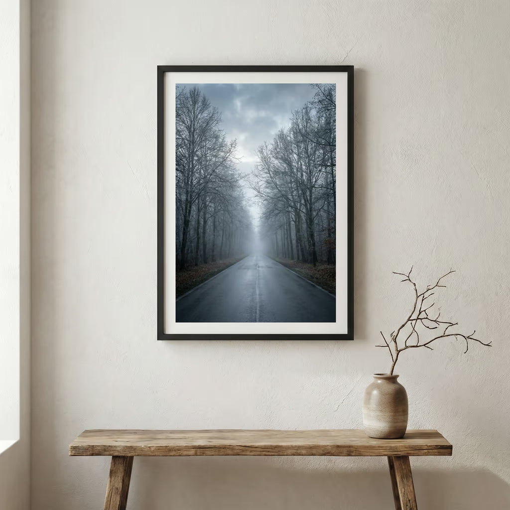 Foggy forest path winding through tall green trees — wooden frame canvas wall art print, 12×18 in