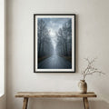 Foggy forest path winding through tall green trees — wooden frame canvas wall art print, 12×18 in