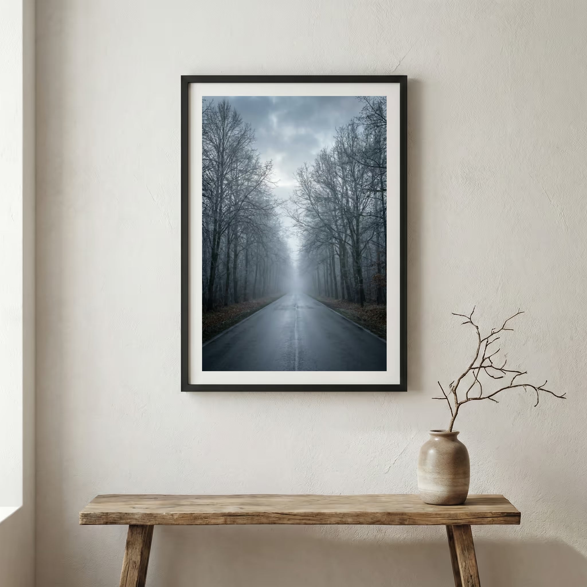 Foggy forest path winding through tall green trees — wooden frame canvas wall art print, 12×18 in