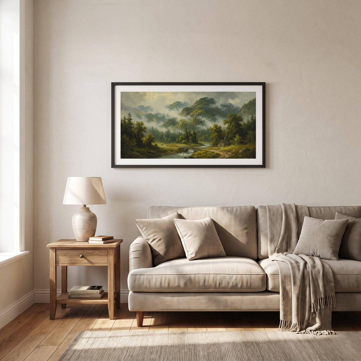 Vintage landscape painting of a misty forest stream winding through evergreen trees — framed vintage painting.