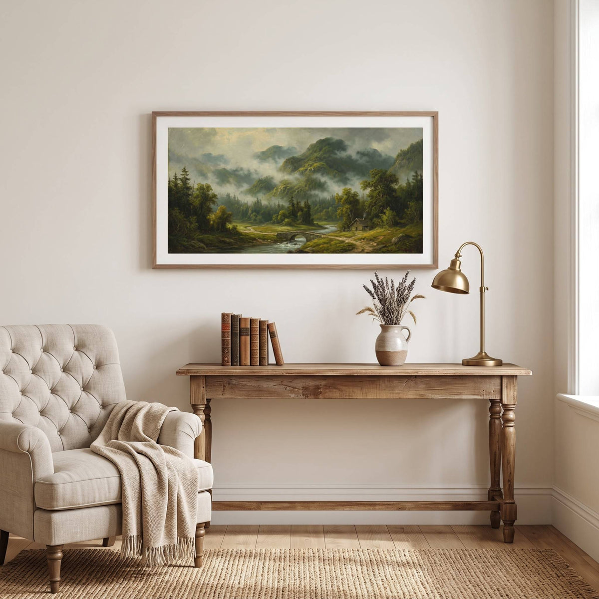 Vintage landscape painting of a misty forest stream winding through evergreen trees — framed vintage painting.