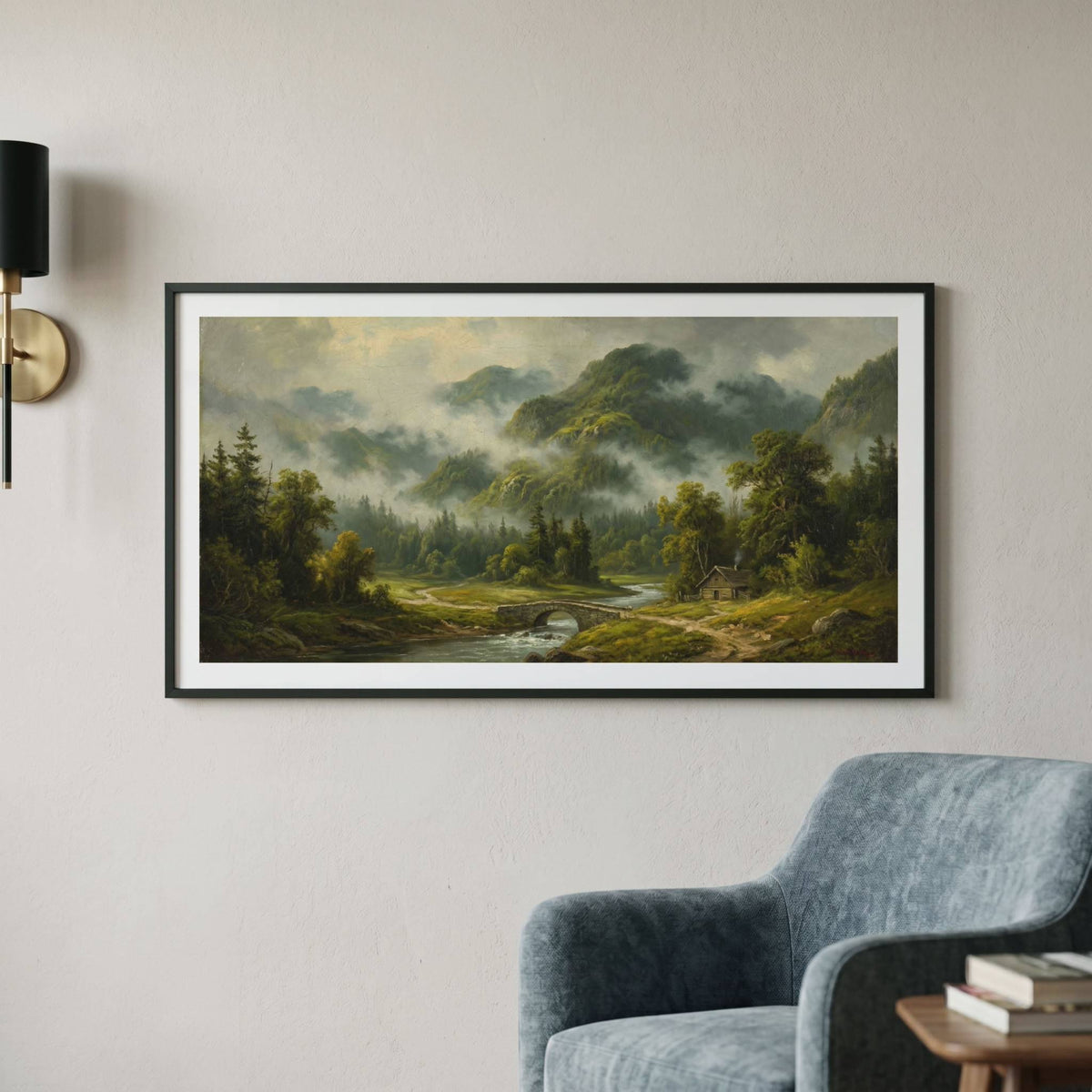 Vintage landscape painting of a misty forest stream winding through evergreen trees — framed vintage painting.