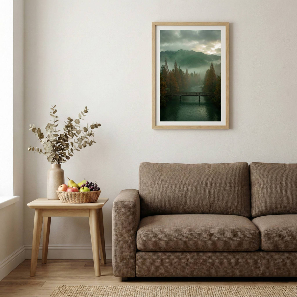 Wooden dock reaching into a misty forest lake at golden hour — wooden-frame wall art print, 20×30 in