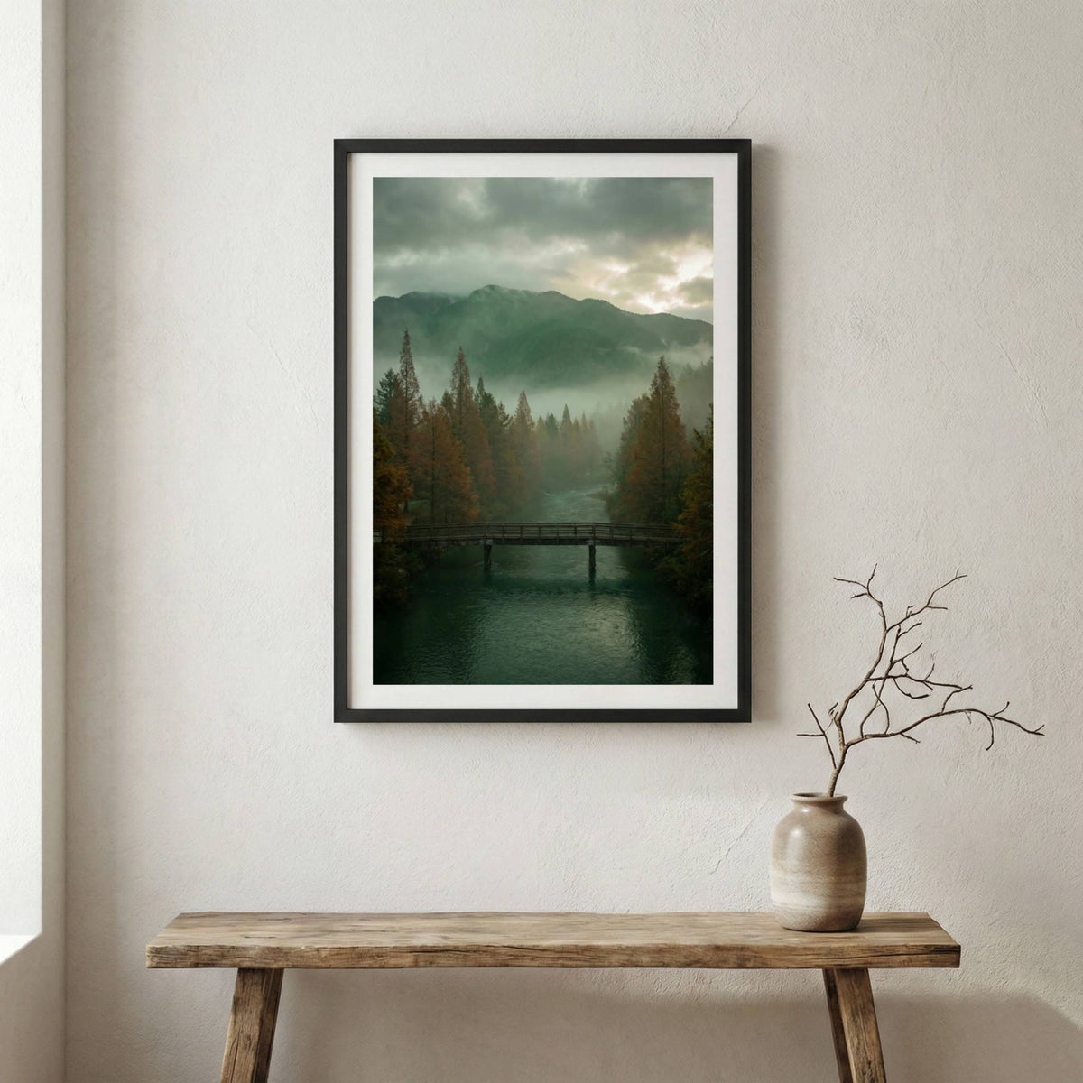 Wooden dock reaching into a misty forest lake at golden hour — wooden frame canvas wall art print, 12×18 in