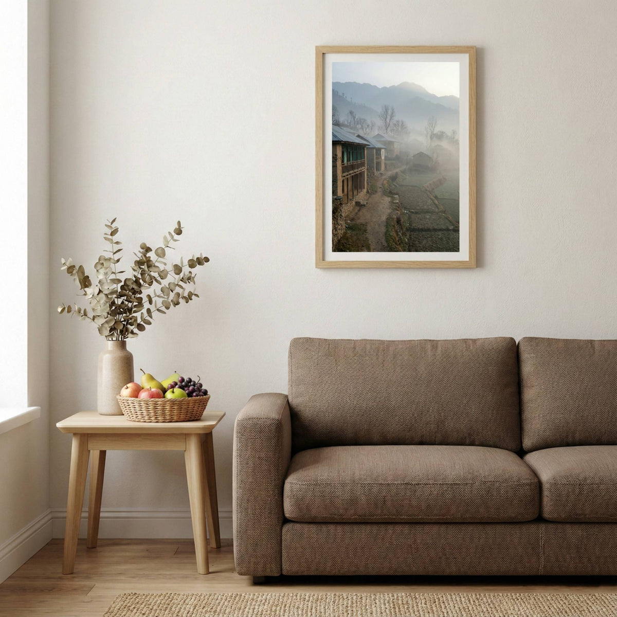 Traditional stone and wood village houses on a misty, terraced mountainside — wooden-frame wall art print, 20×30 in