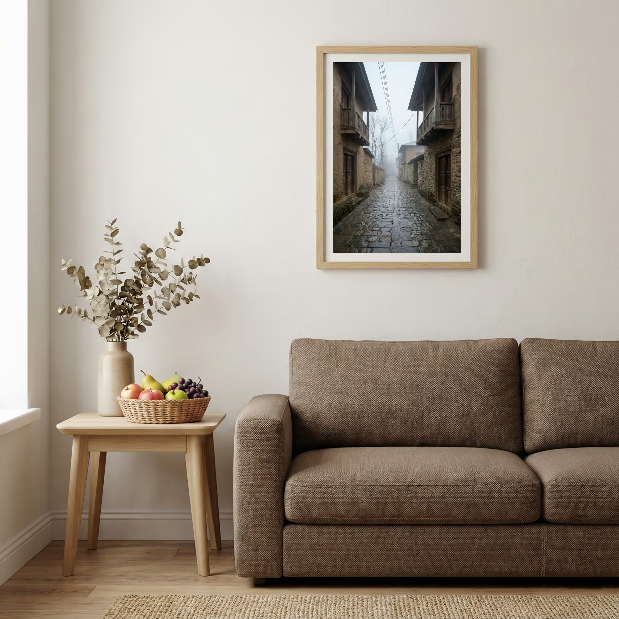 Traditional stone and wood village houses on a misty, terraced mountainside — wooden-frame wall art print, 20×30 in