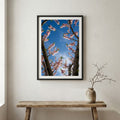 Fiery red and orange autumn foliage in a misty mountain valley — wooden frame canvas wall art print, 12×18 in