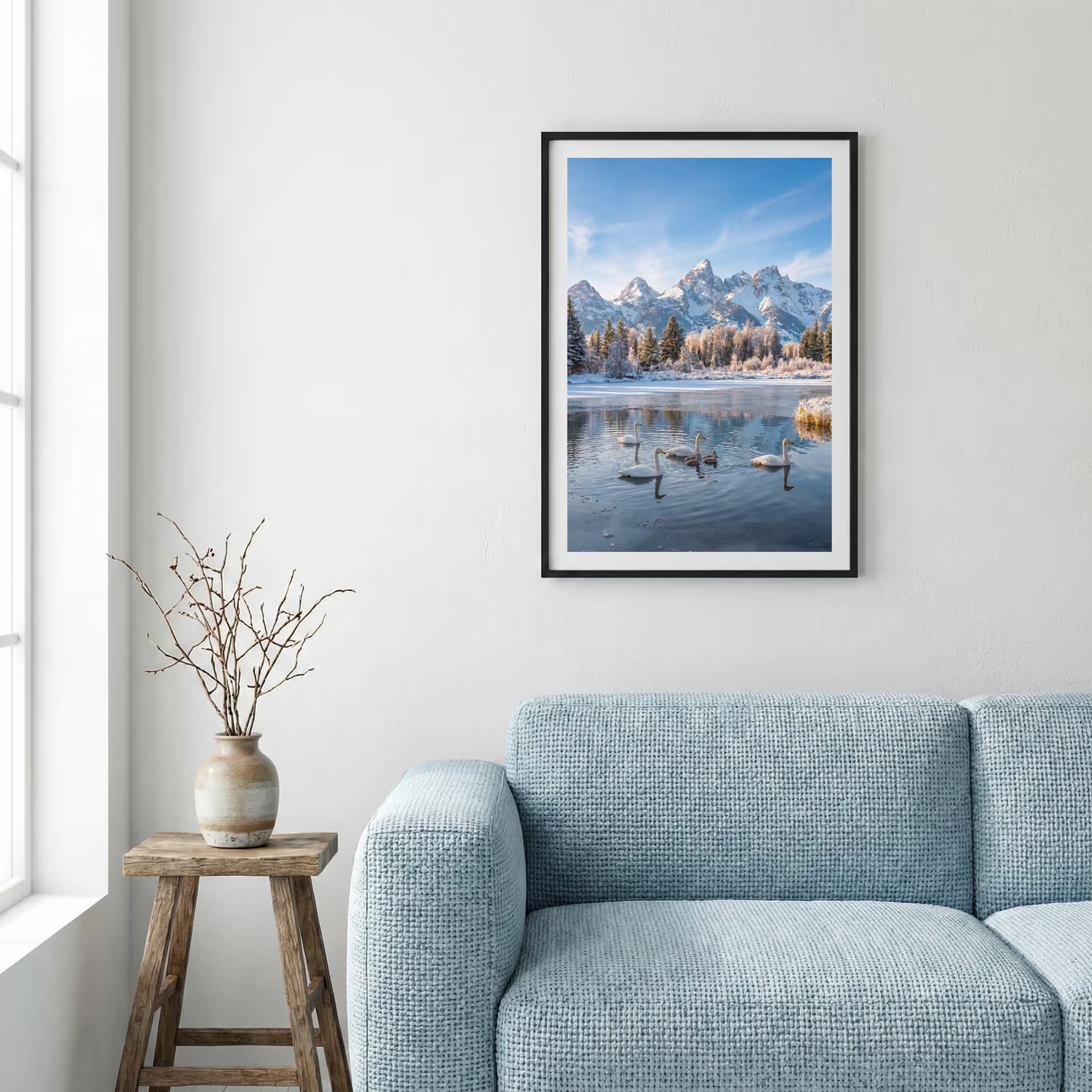 Empty mountain road stretching toward distant peaks under a dramatic, cloud-covered sky — framed canvas wall art in a wooden frame, 16×24 in