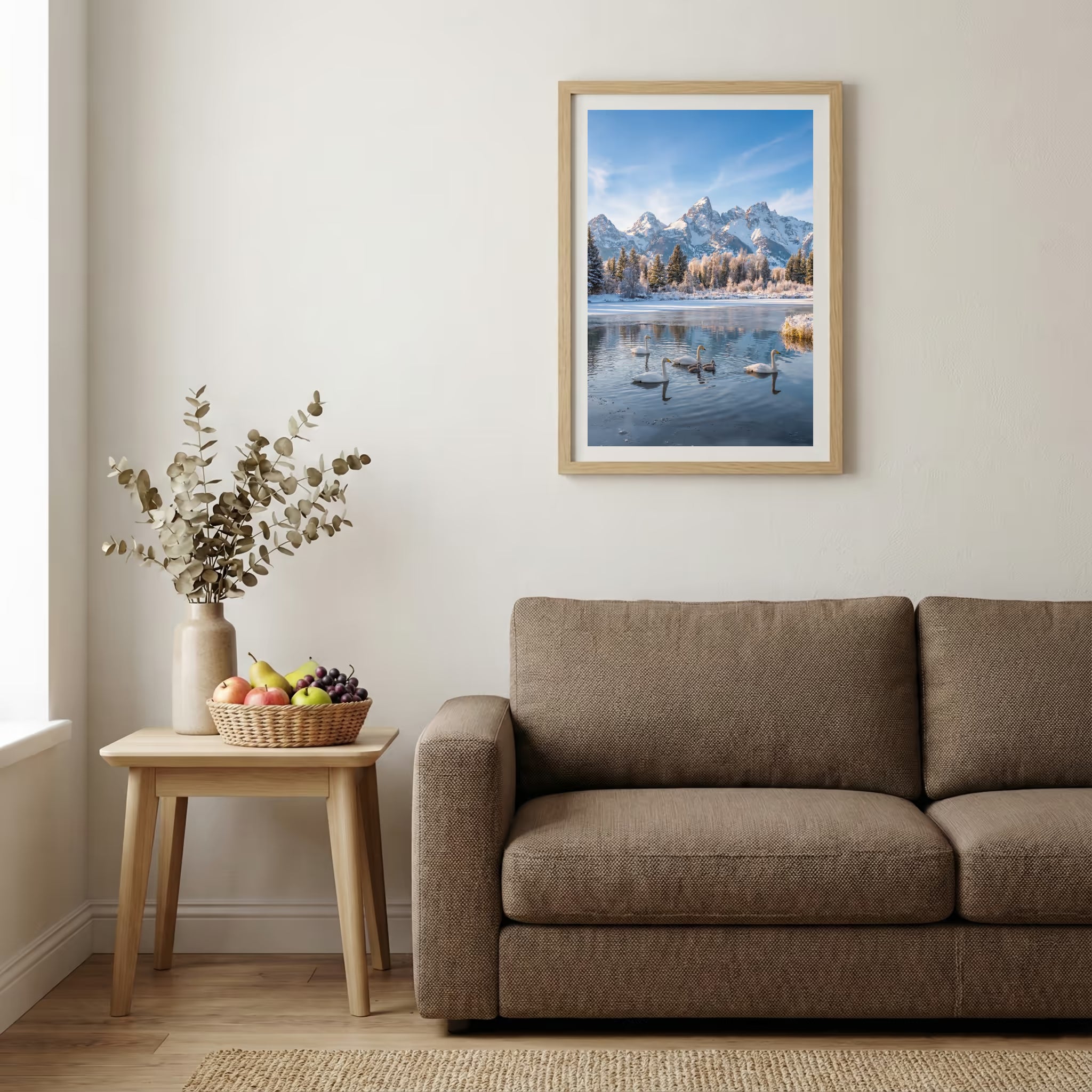 Empty mountain road stretching toward distant peaks under a dramatic, cloud-covered sky — wooden-frame wall art print, 20×30 in