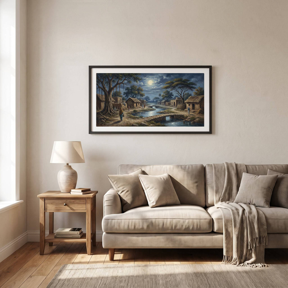 Vintage night painting of a moonlit village with huts beside a quiet stream — framed vintage painting.