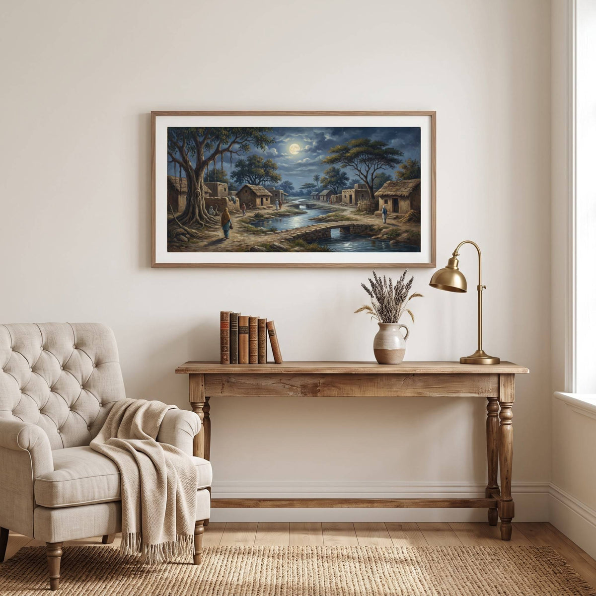 Vintage night painting of a moonlit village with huts beside a quiet stream — framed vintage painting.