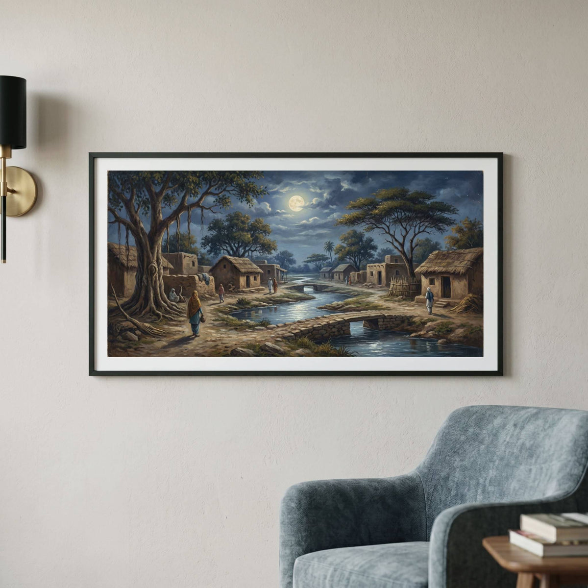 Vintage night painting of a moonlit village with huts beside a quiet stream — framed vintage painting.