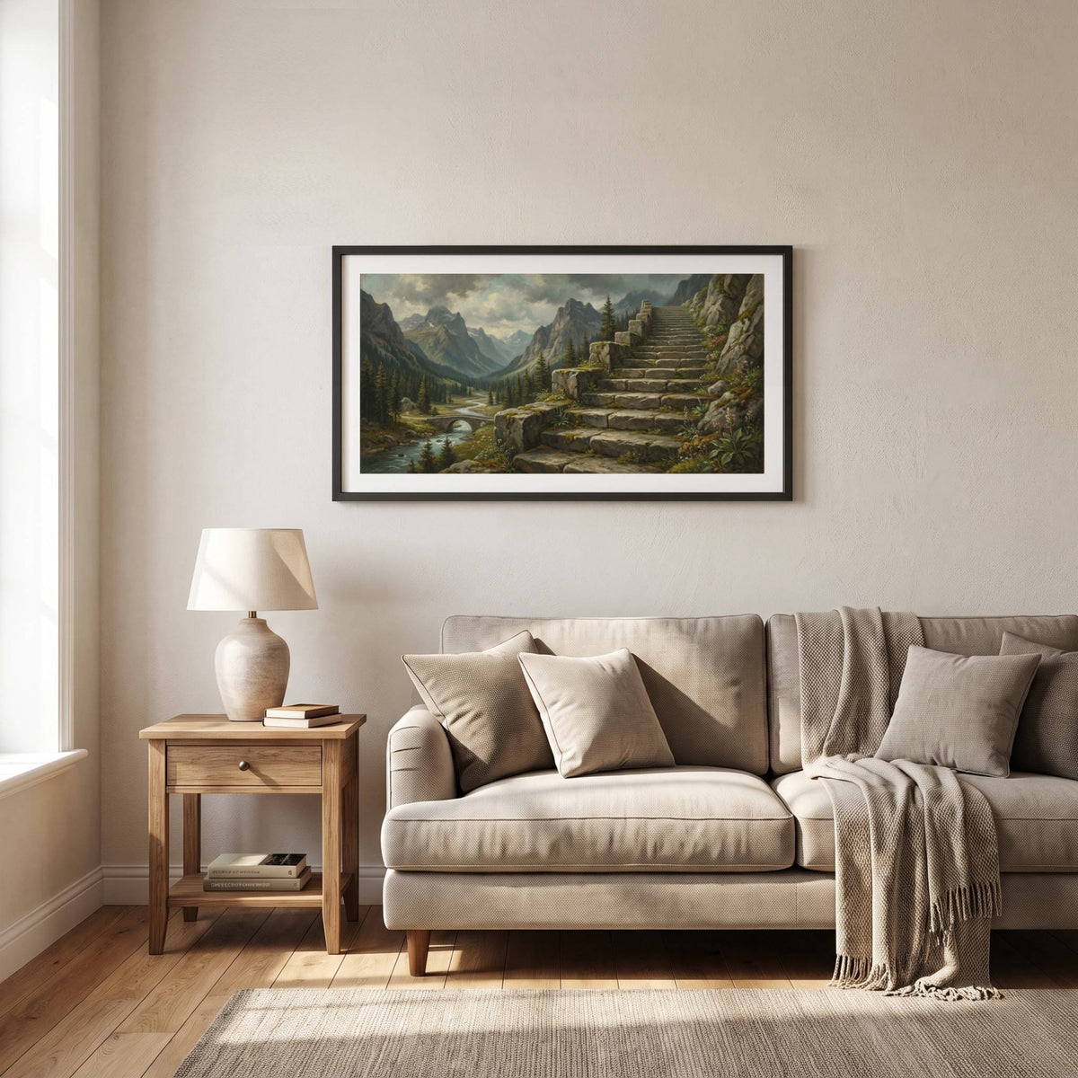 Vintage landscape painting of stone steps climbing a rocky mountainside beside a stream — framed vintage painting.