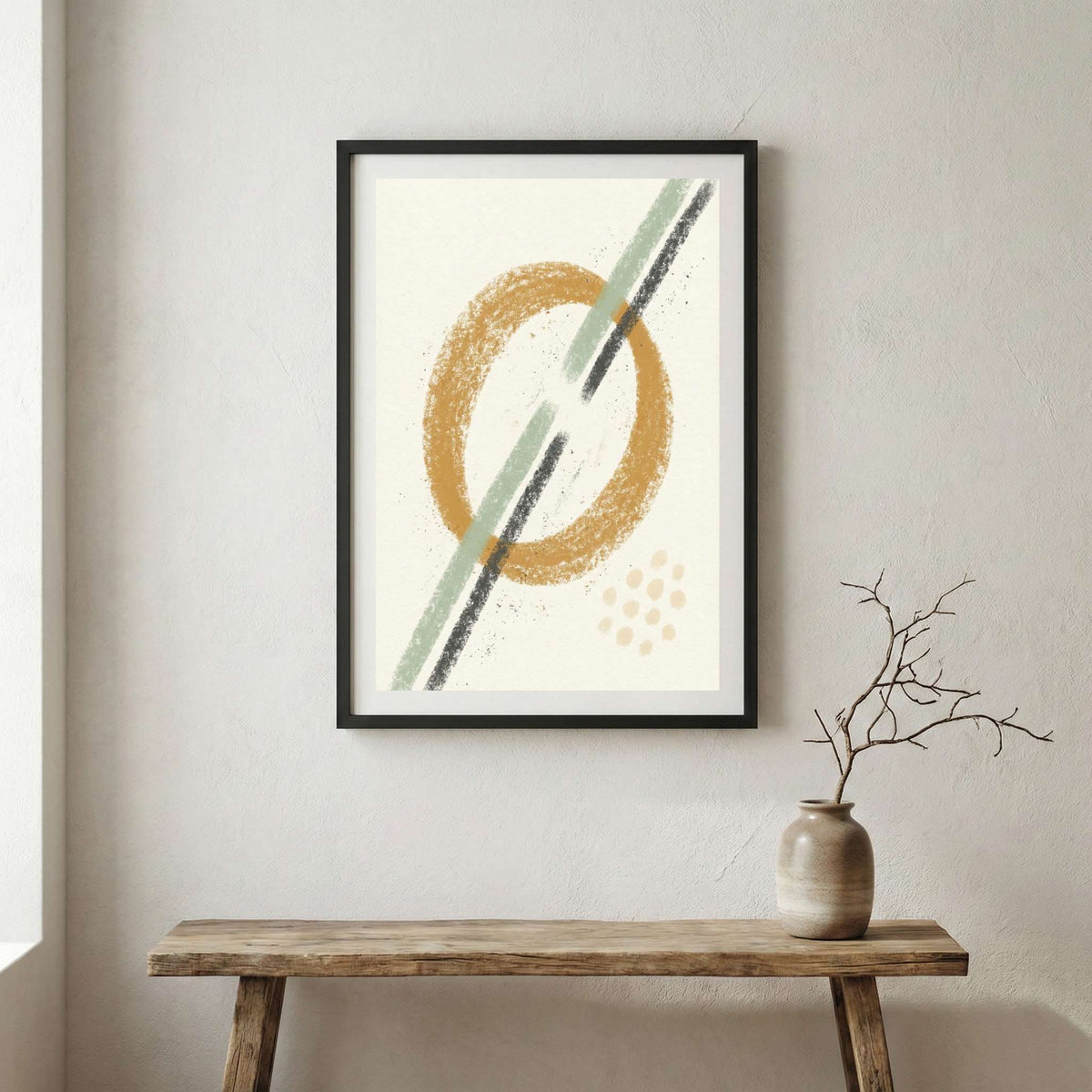 Gold Black Ring Abstract canvas wall art in a framed room setting
