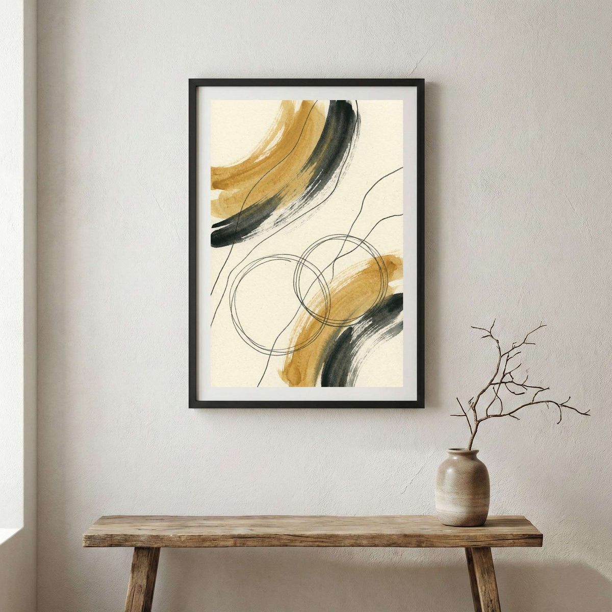Black Gold Line Abstract canvas wall art in a framed room setting