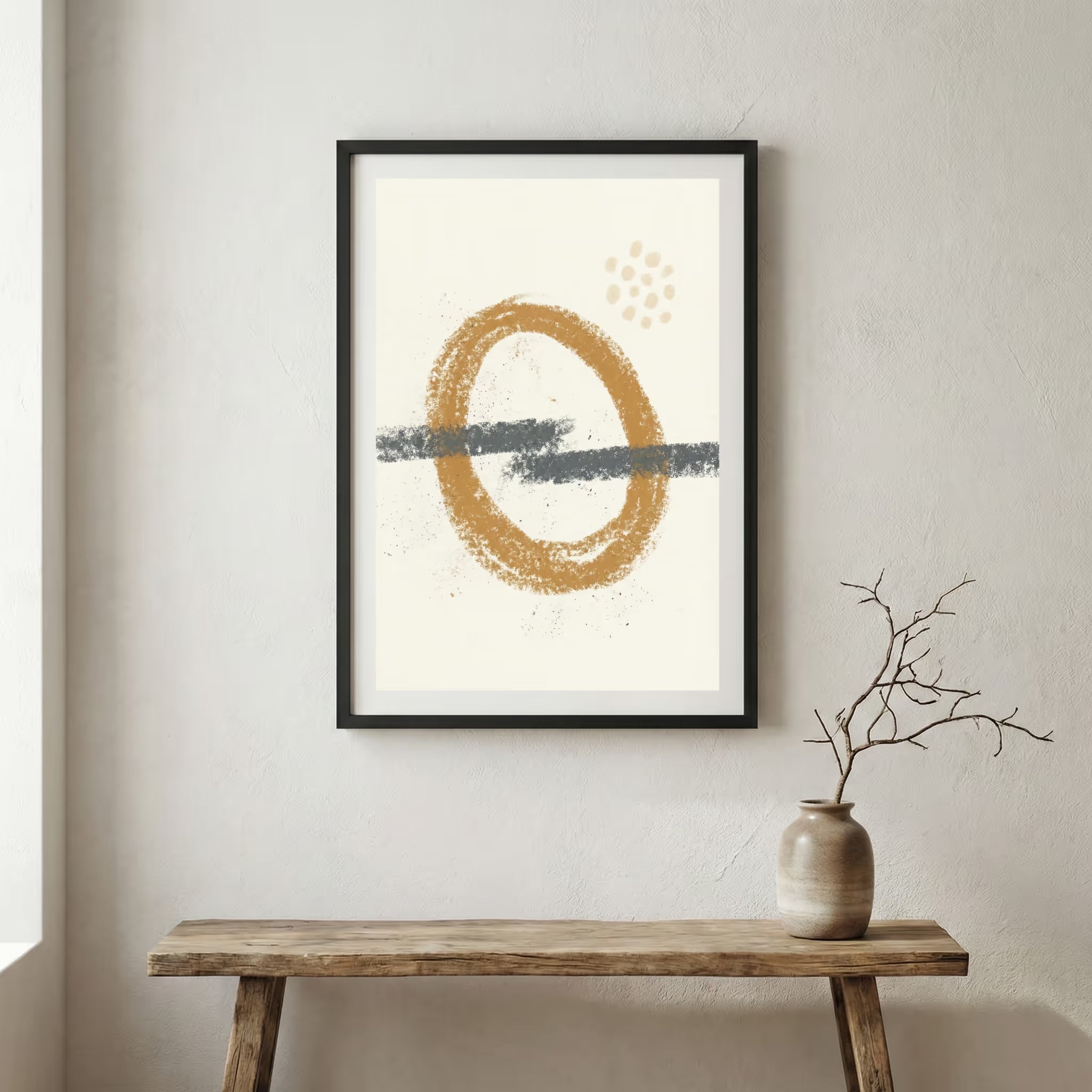 Gold Gray Circle Abstract canvas wall art in a framed room setting