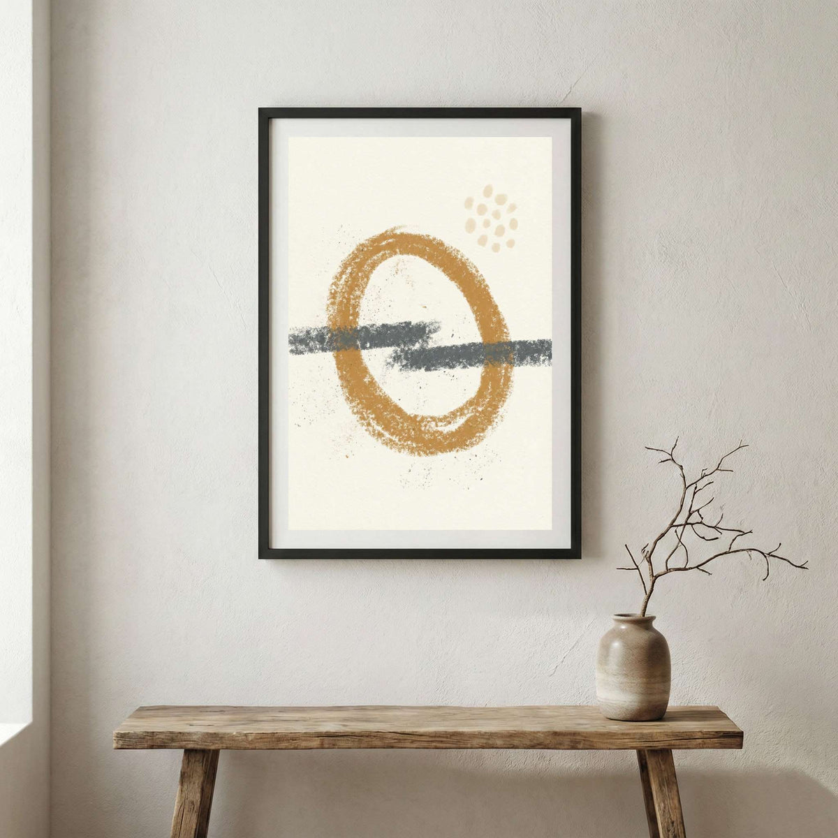 Gold Gray Circle Abstract canvas wall art in a framed room setting