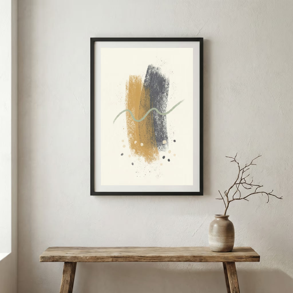 Gold Black Brush Abstract canvas wall art in a framed room setting