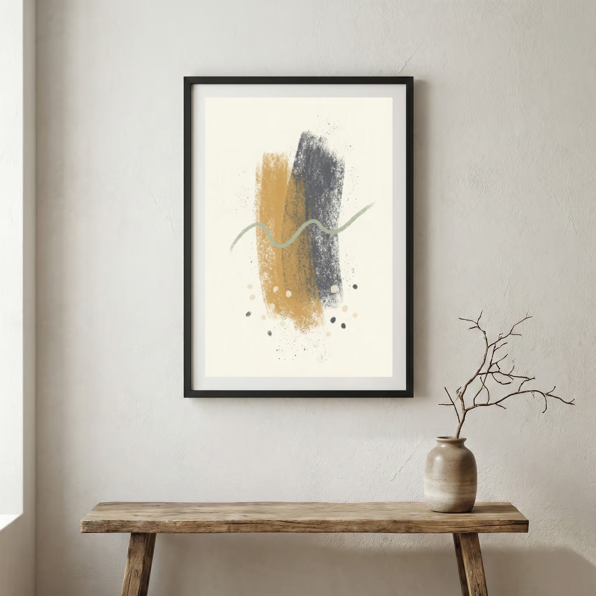 Gold Black Brush Abstract canvas wall art in a framed room setting