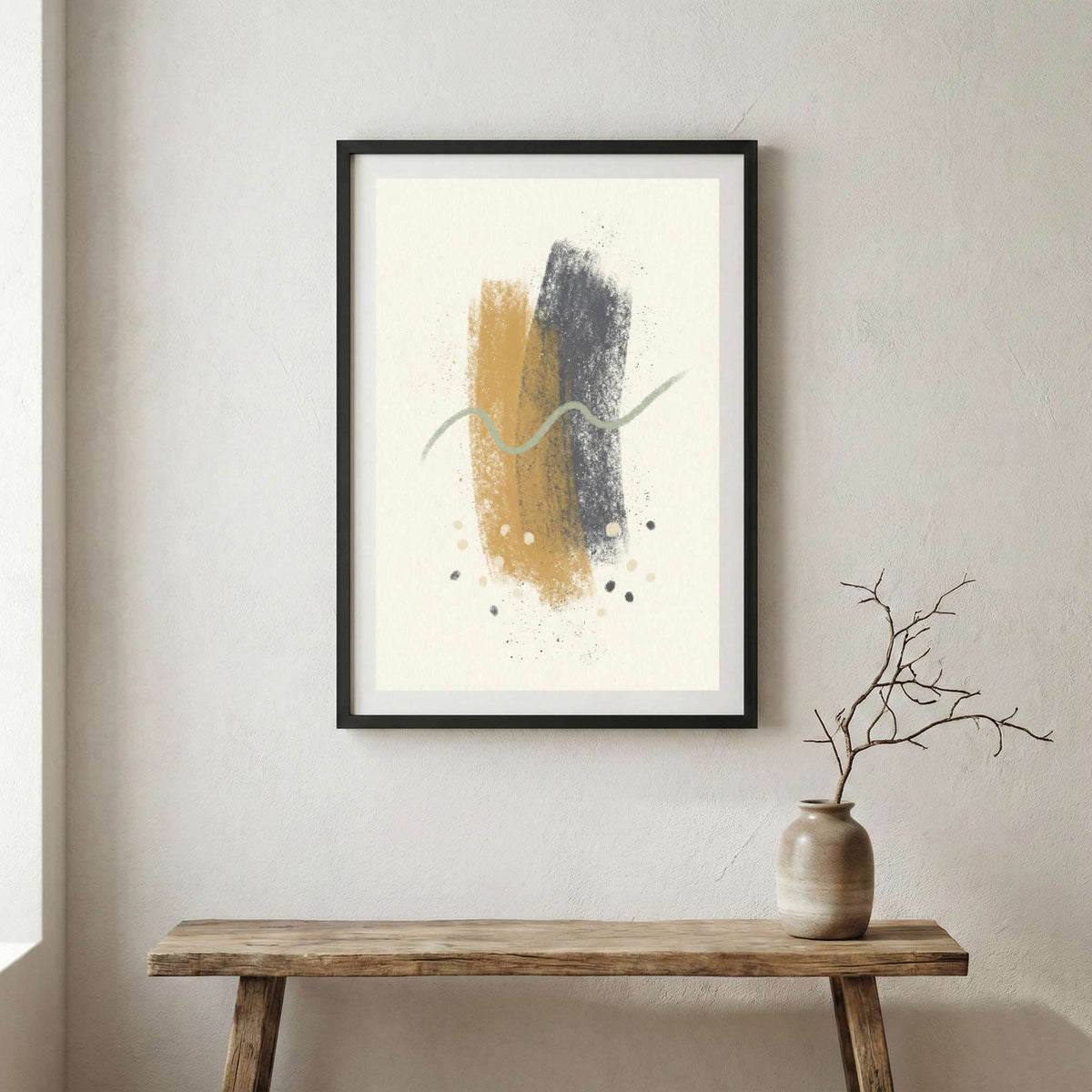 Gold Black Brush Abstract canvas wall art in a framed room setting
