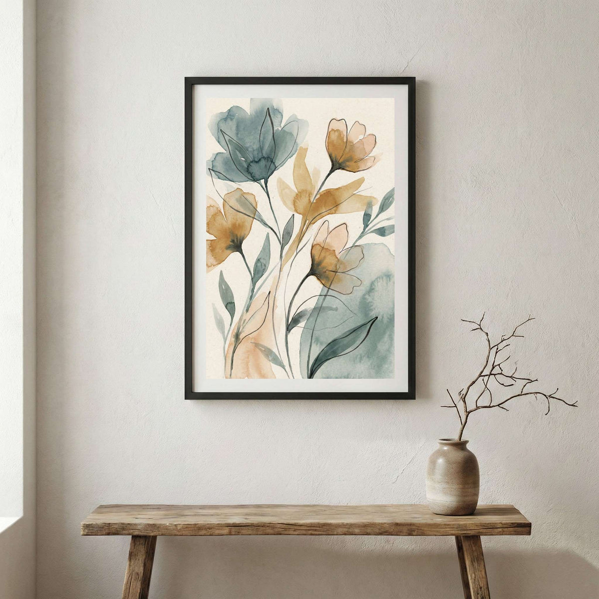 Neutral Botanical Abstract canvas wall art in a framed room setting