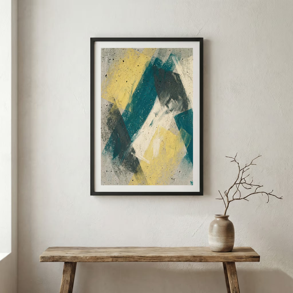Navy Gold Yellow Abstract canvas wall art in a framed room setting