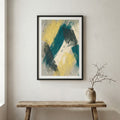 Navy Gold Yellow Abstract canvas wall art in a framed room setting