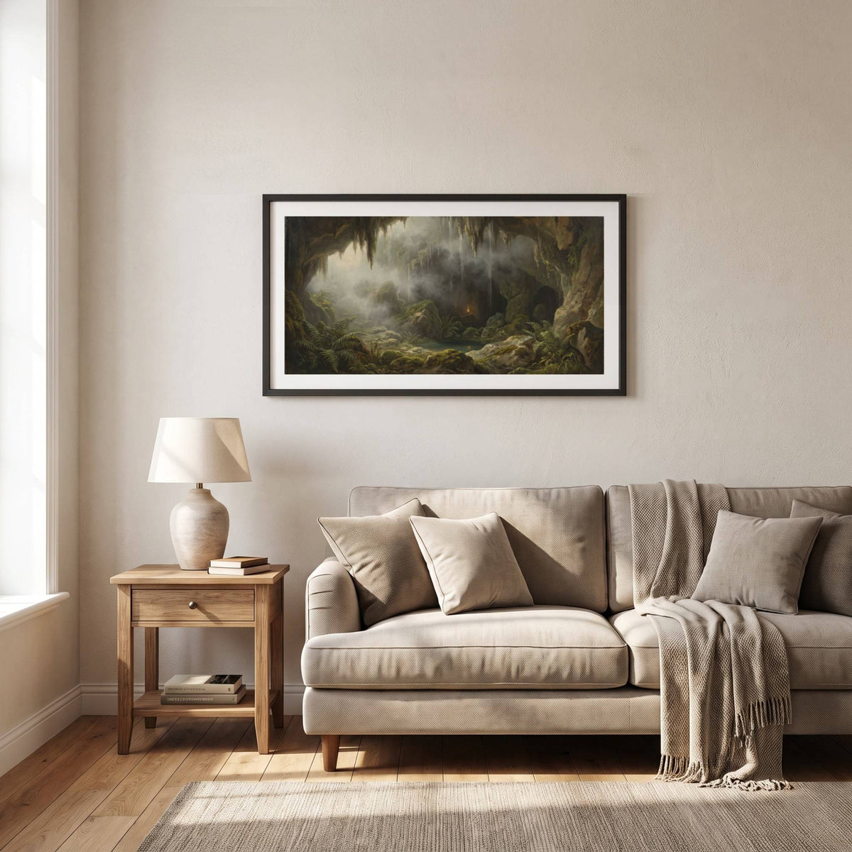 Vintage painting of a glowing, mystical grotto with a waterfall and moss-covered rock — framed vintage painting.