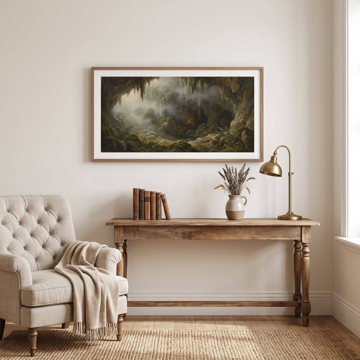 Vintage painting of a glowing, mystical grotto with a waterfall and moss-covered rock — framed vintage painting.