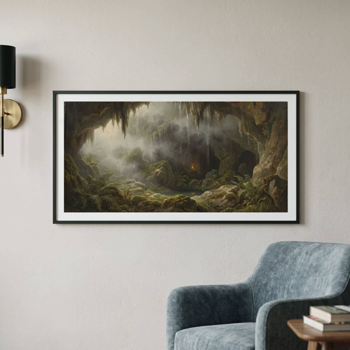 Vintage painting of a glowing, mystical grotto with a waterfall and moss-covered rock — framed vintage painting.