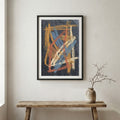 Navy Orange Expressive Linework Abstract canvas wall art in a framed room setting