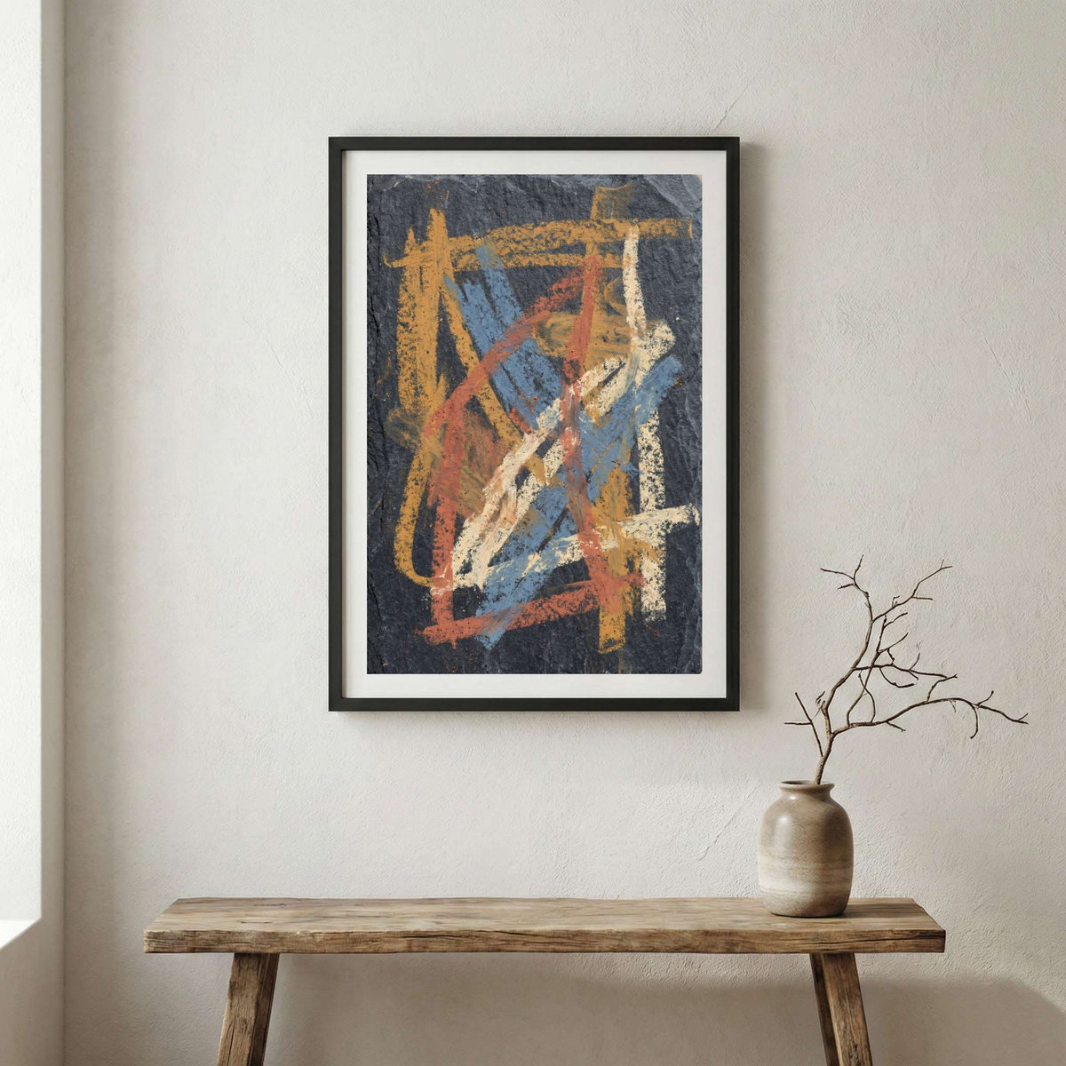 Navy Orange Expressive Linework Abstract canvas wall art in a framed room setting