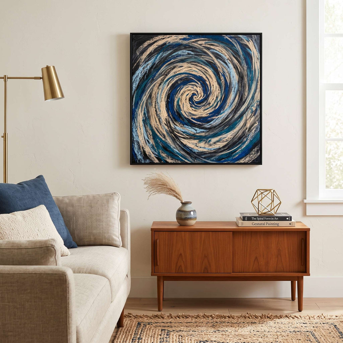 Navy Blue & Teal Swirl Abstract Wall Art | Framed Canvas Print | Modern Home Decor