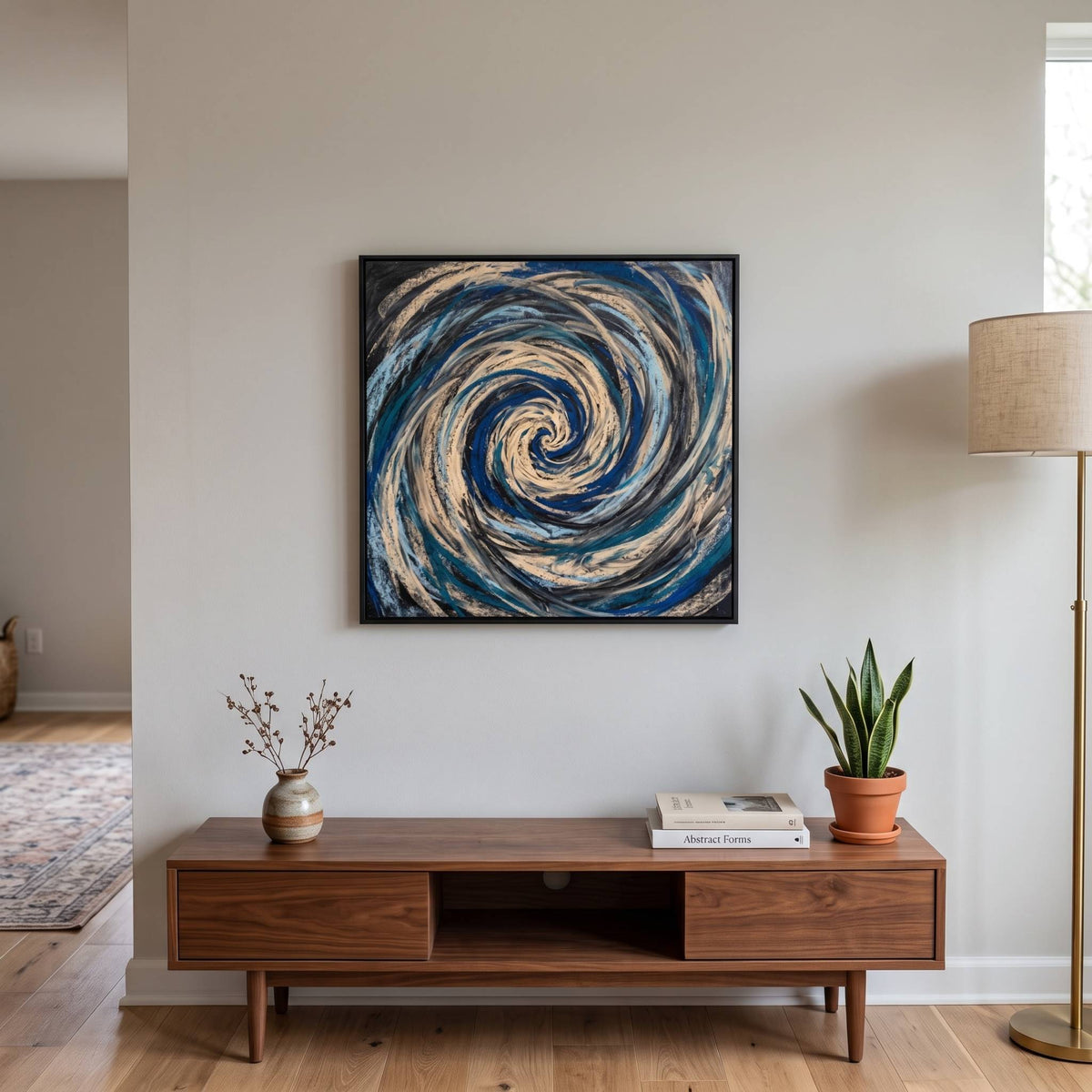 Navy Blue & Teal Swirl Abstract Wall Art | Framed Canvas Print | Modern Home Decor