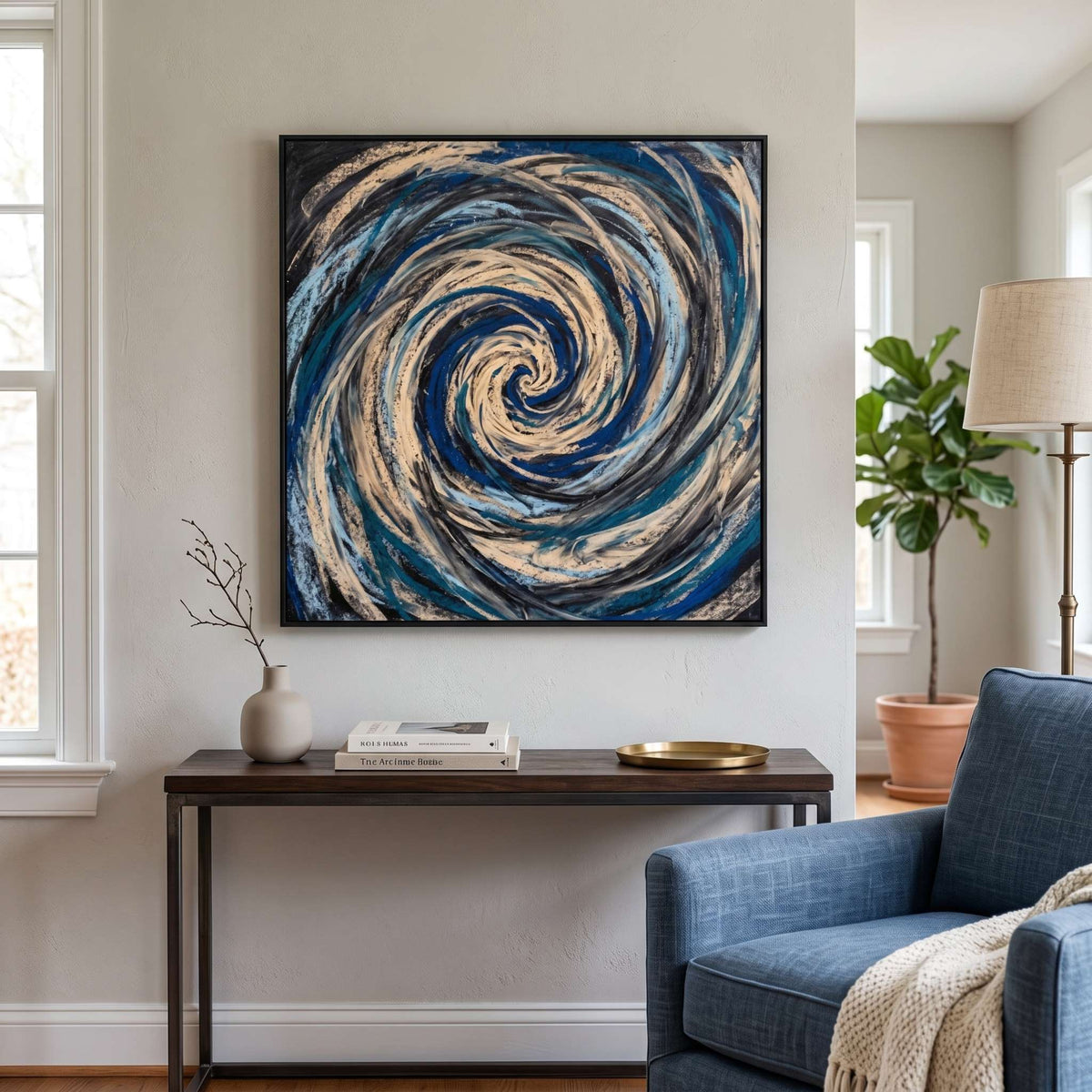 Navy Blue & Teal Swirl Abstract Wall Art | Framed Canvas Print | Modern Home Decor