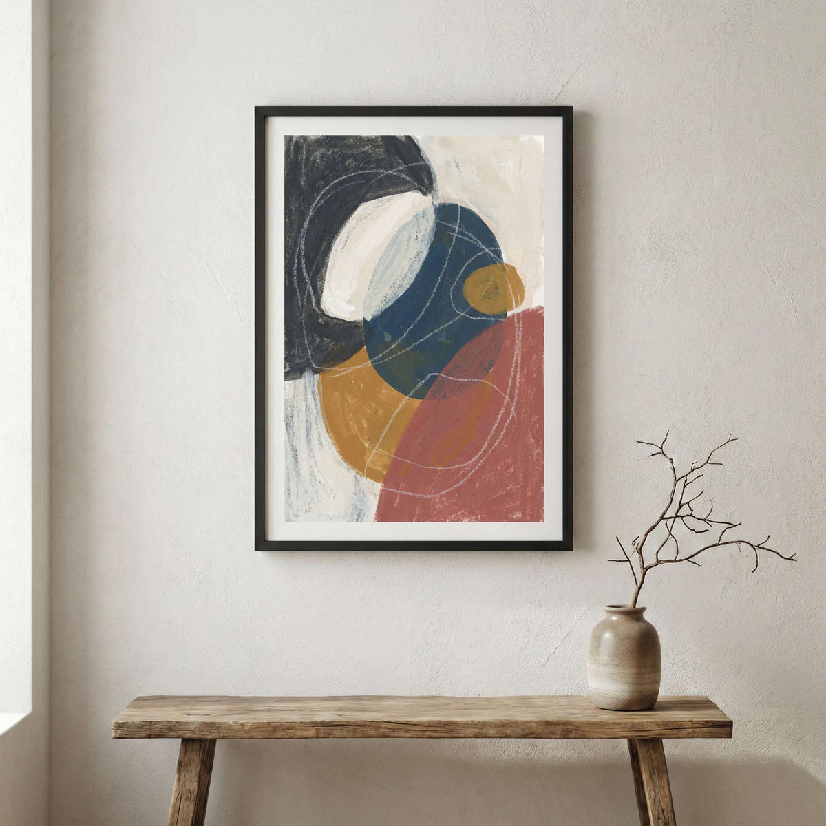 Navy Terracotta Organic Abstract canvas wall art in a framed room setting