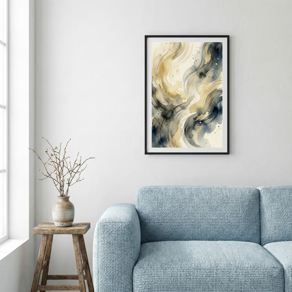 Cream Gray Blue Fluid Abstract canvas wall art — alternate a view